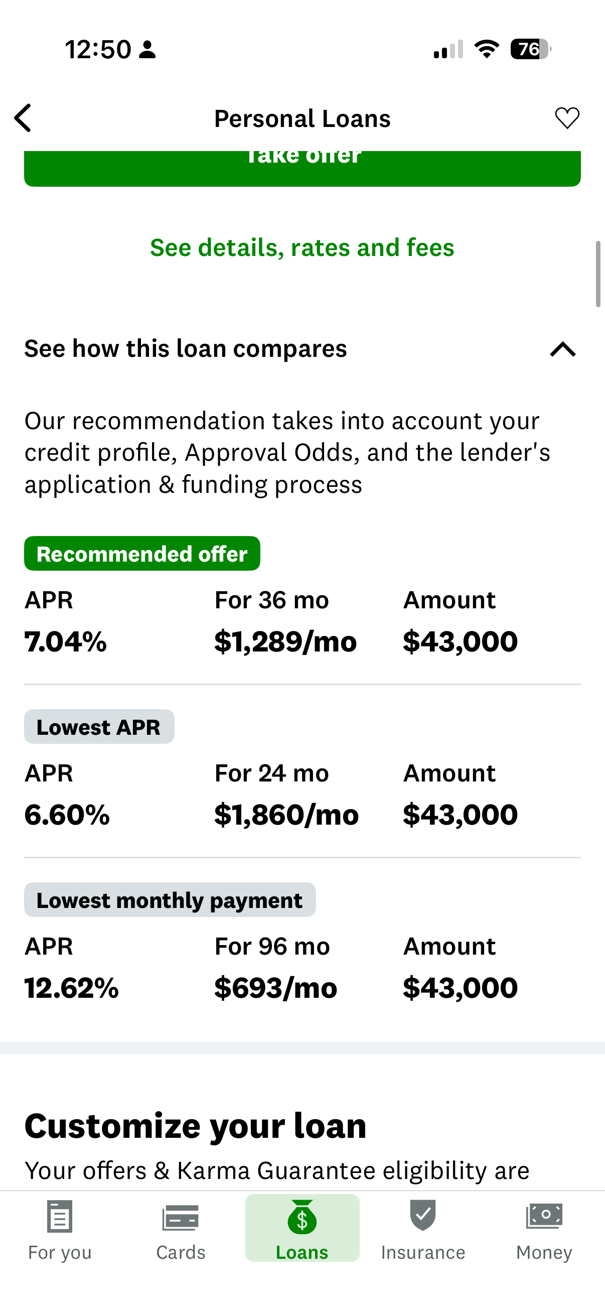 Credit Karma Personal Loans screen comparing recommended loan terms