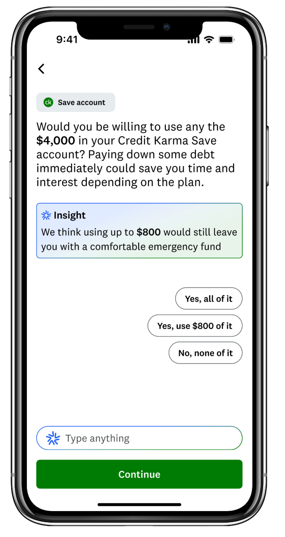 Debt Agent guidance screen recommending a comfortable amount from savings
