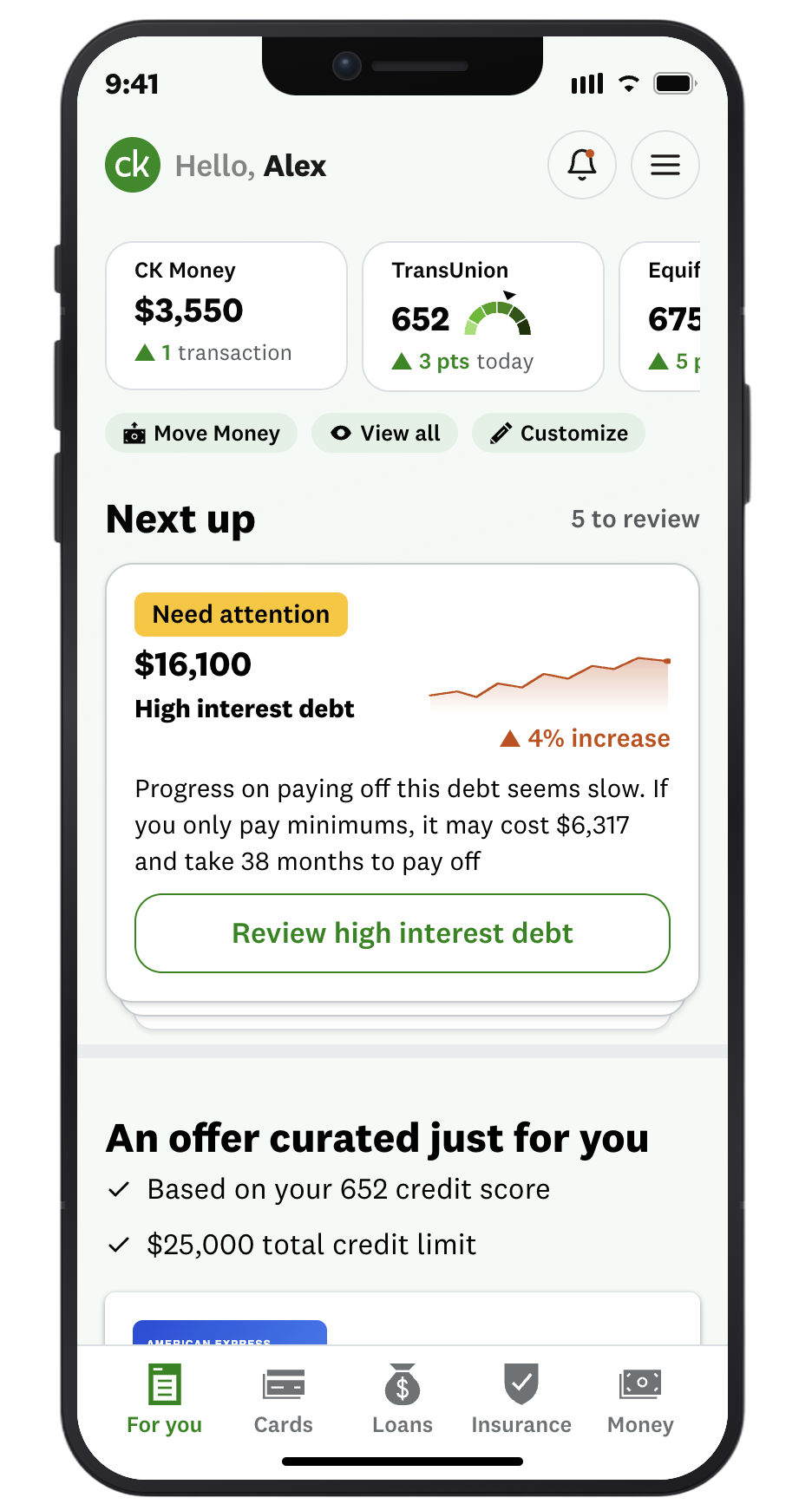 Credit Karma home screen highlighting high-interest debt for review