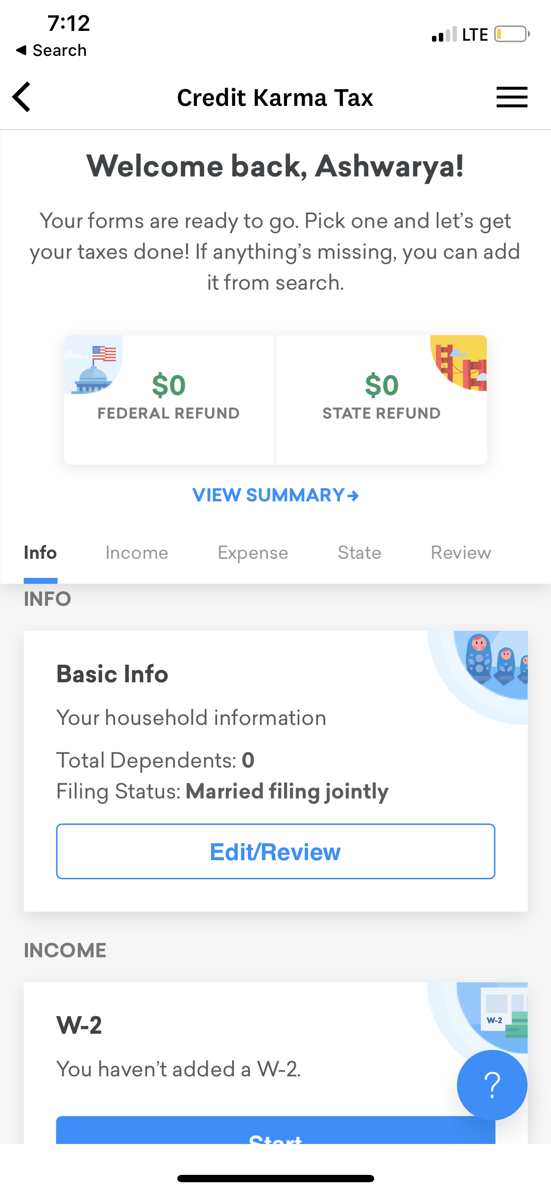 Credit Karma Tax mobile filing dashboard showing refund summaries and tax forms