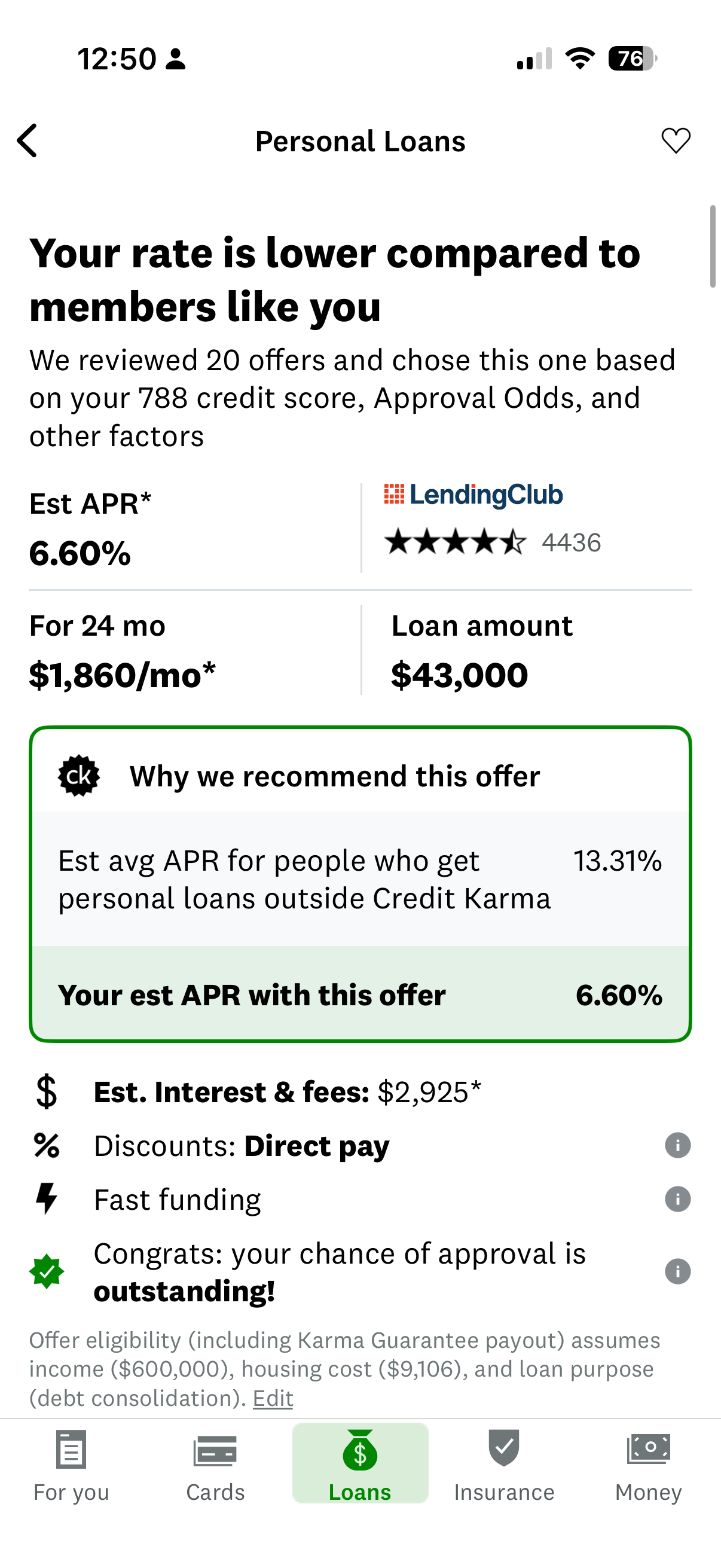 Credit Karma Personal Loans screen explaining why a lower-rate offer is recommended