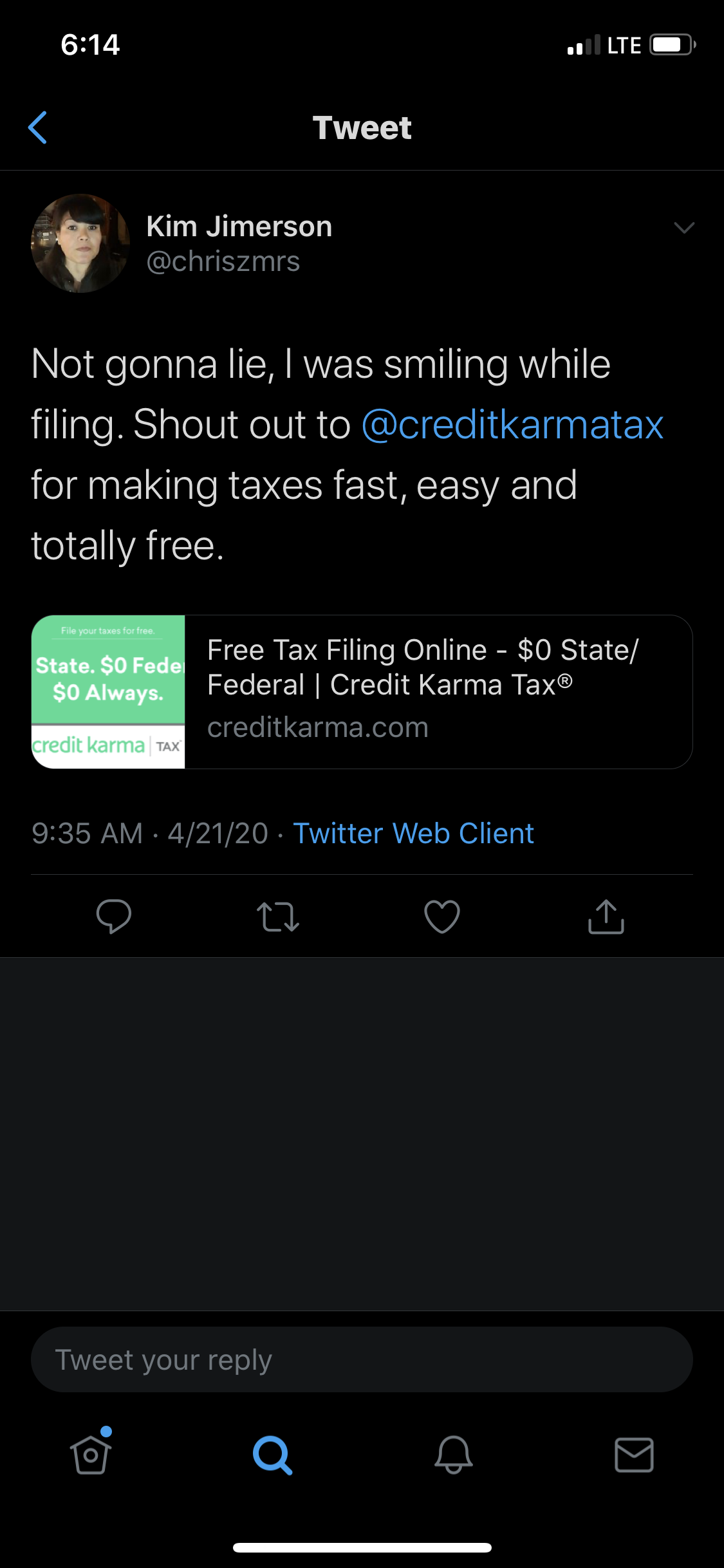 Customer feedback praising Credit Karma Tax for making filing fast, easy, and free