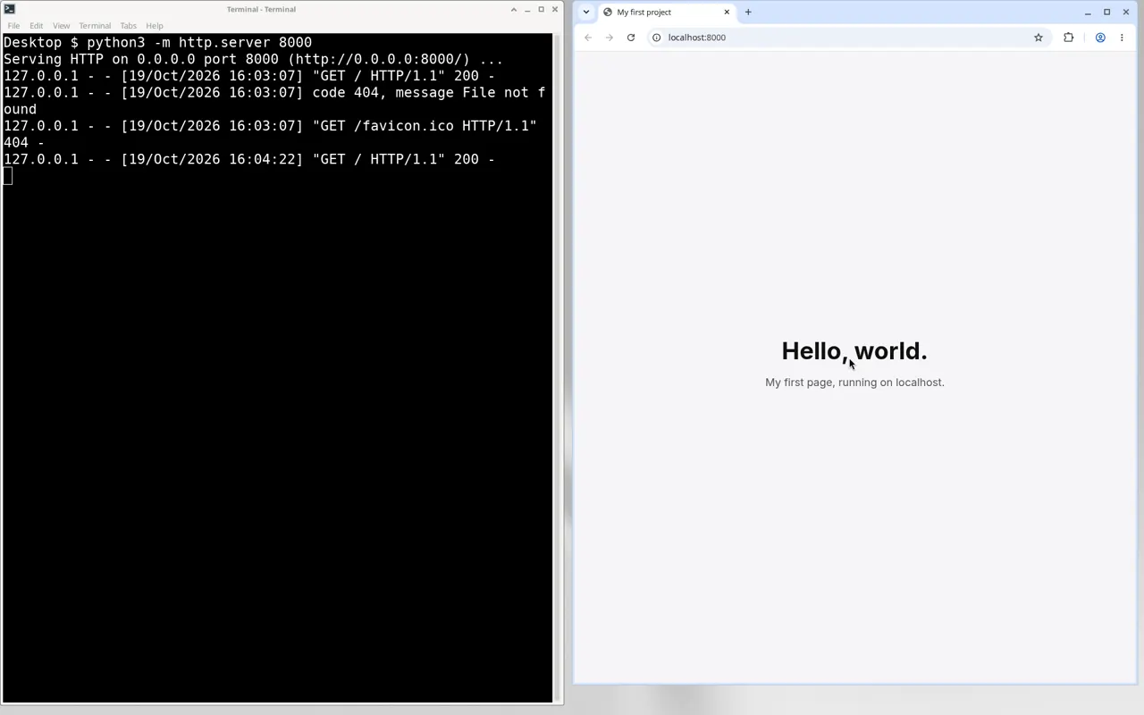 VS Code terminal running npm run dev, and a browser open to a local page at localhost.