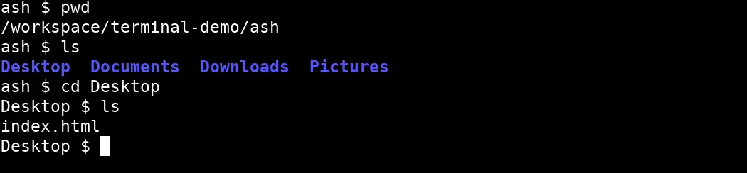 A terminal window after pwd, ls, and cd. pwd prints /Users/designer, ls lists a folder named notes, and cd notes moves into that folder.